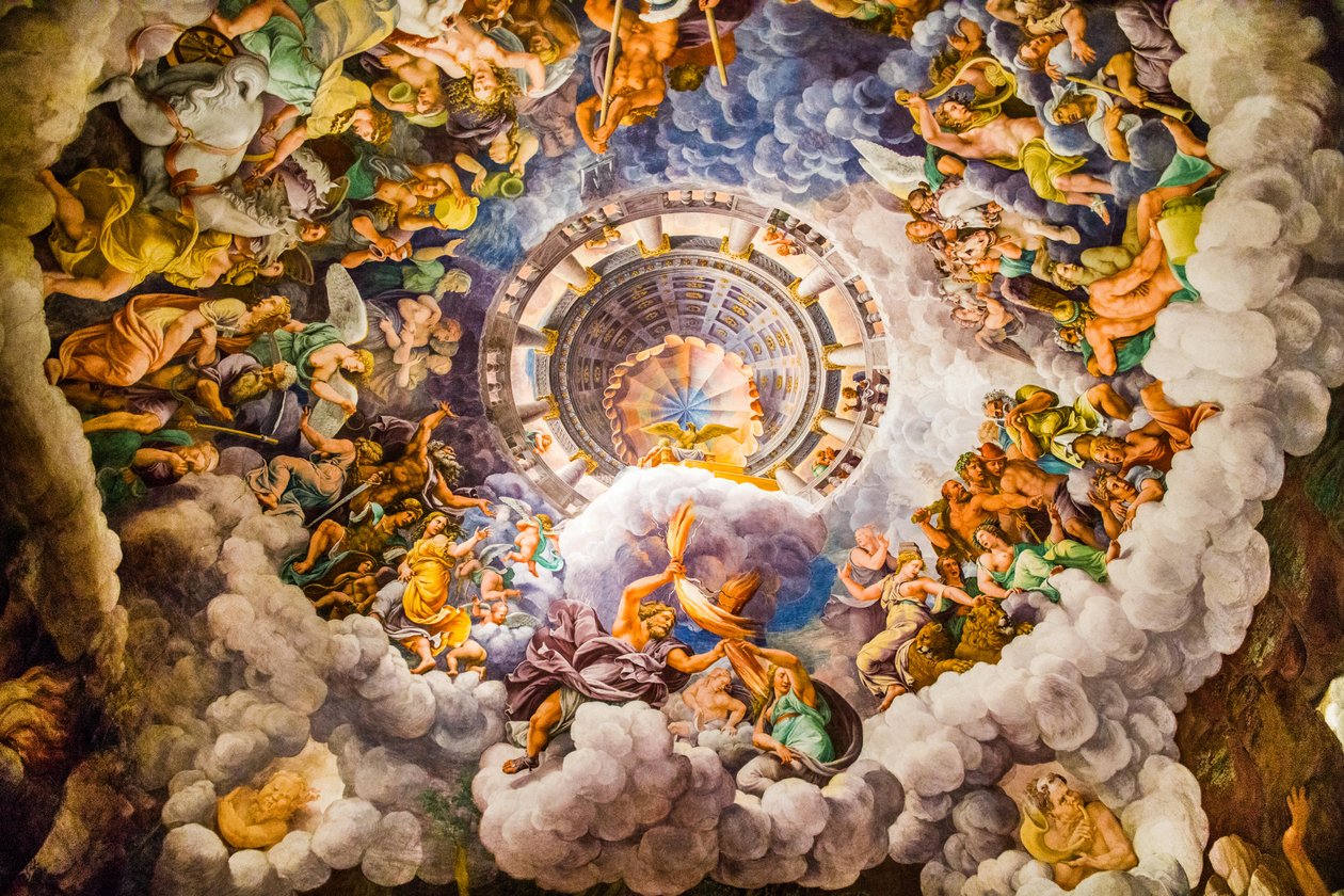 Najsłynniejszy fresk manieryzmu: iluzja Giulio Romano wymyśla kopułę i rozpuszcza architekturę pokoju w upadku gigantów, Hall of the Giants autorstwa Unbekannter Künstler