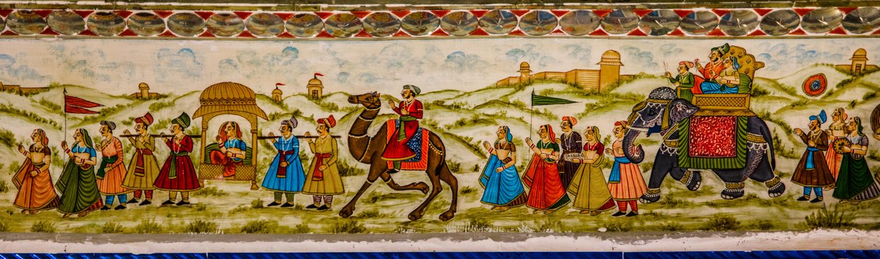 Mural, Patwon-Ki-Haveli, Jaisalmer, uma cidade exótica no deserto de Thar, Jaisalmer, Rajasthan, Índia, Ásia (foto)polonês autorstwa Unbekannter Künstler