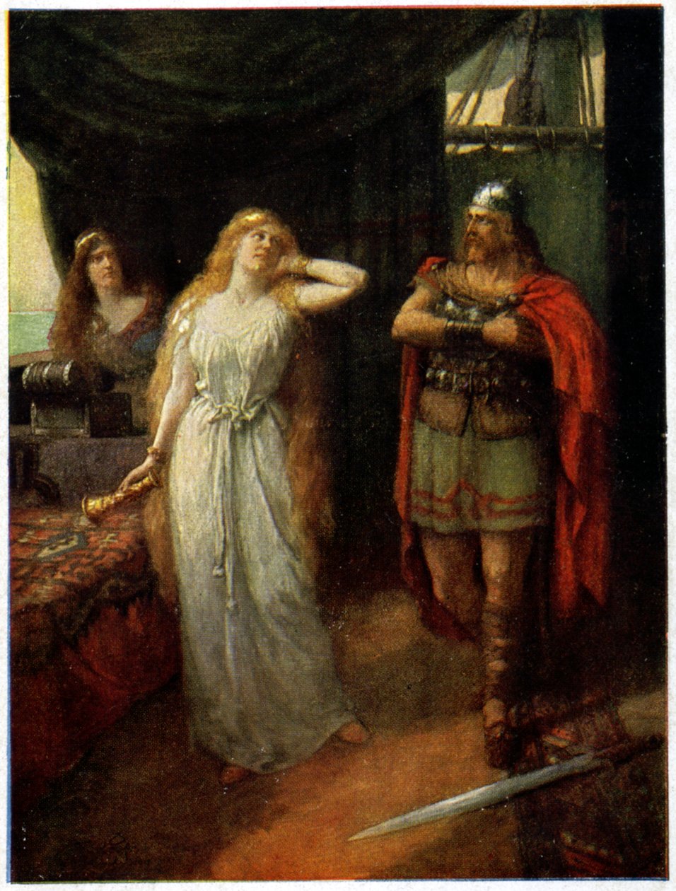 Muzyka. Opera. Tristan i Izolda. Ilustracja Ferdinanda Leeke do opery Tristan und Isolde autorstwa Richarda Wagnera (1865), Niemcy, ok. 1910 r. (pocztówka) autorstwa Unbekannter Künstler