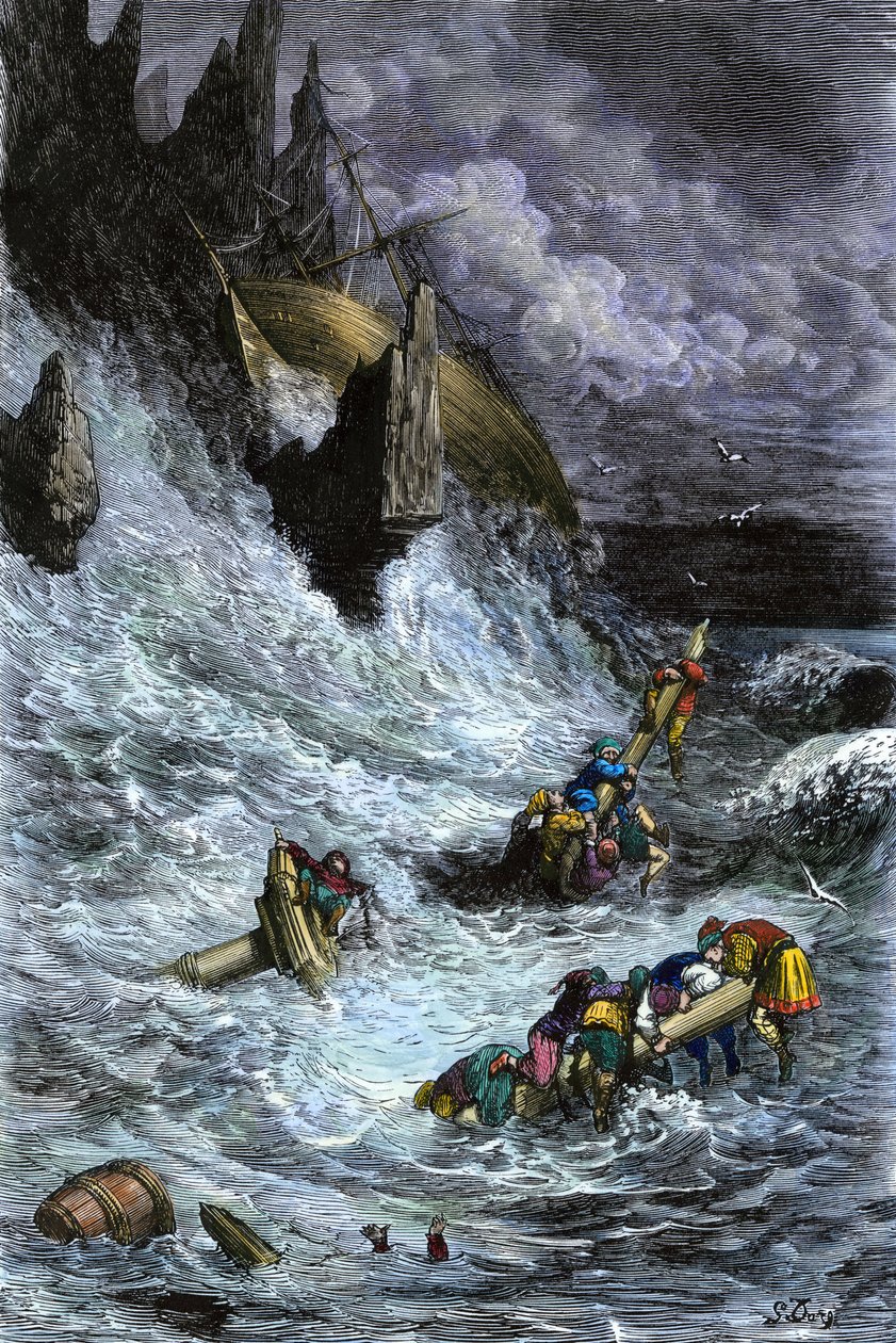 Mity i legendy: Sindbad (Sindbad) i jego towarzysze po 1001 nocy (tysiąc i jedna noc). Kolorowa rycina autorstwa Gustave