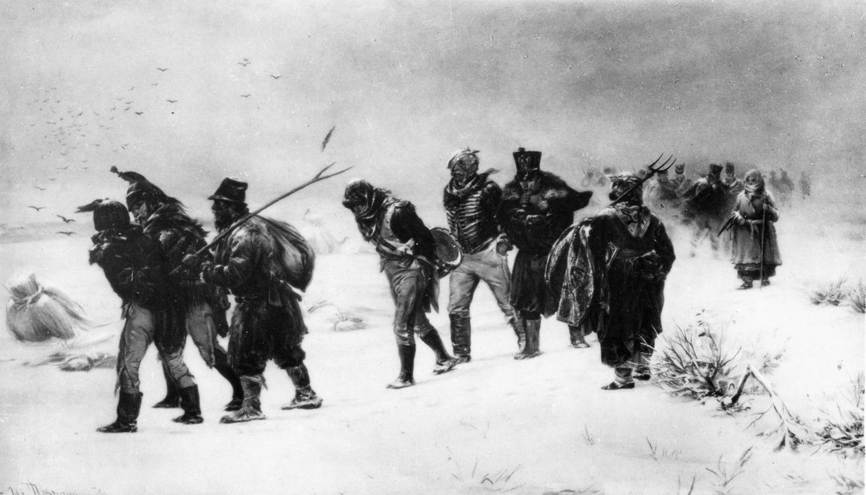 Wojna napoleońska 1812, odwrót armii francuskiej w 1812, z obrazu Pryanisznakowa. autorstwa Unbekannt