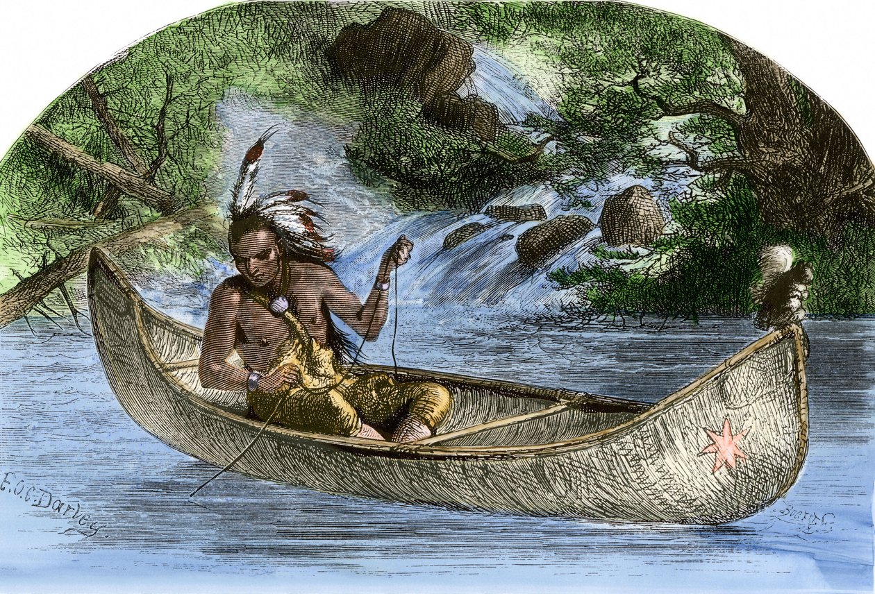 Rdzenna ludność Ameryki: Indianie. Hiawatha łowiący ryby w canoe. Kolorowa rycina z XIX wieku. autorstwa Unbekannter Künstler