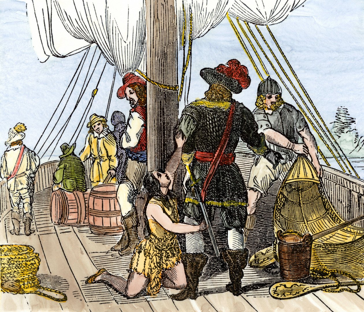 Rdzenna ludność Ameryki: Indianie. Pocahontas schwytana na pokładzie statku Jamestown. Kolorowa rycina z XIX wieku. autorstwa Unbekannter Künstler
