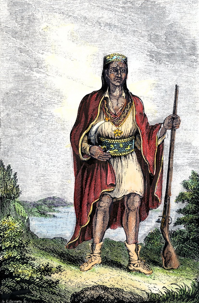 Rdzenna ludność Ameryki: Indianie Stanów Zjednoczonych. Metacomet (ok. 1639-1676), znany również jako Król Filip lub Metacom, wódz Wampanoagów (Massachusetts, Nowa Anglia). Kolorowa rycina. autorstwa Unbekannter Künstler