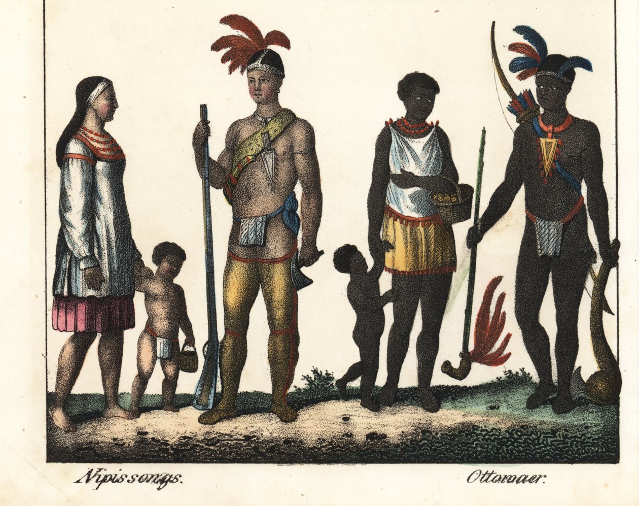 Rdzenni mieszkańcy Kanady: rodzina Indian z jeziora Nipissing i rodzina Indian z okolic Ottawy. Litografia do książki: "Galerie complete en tableaux fideles des peuples d