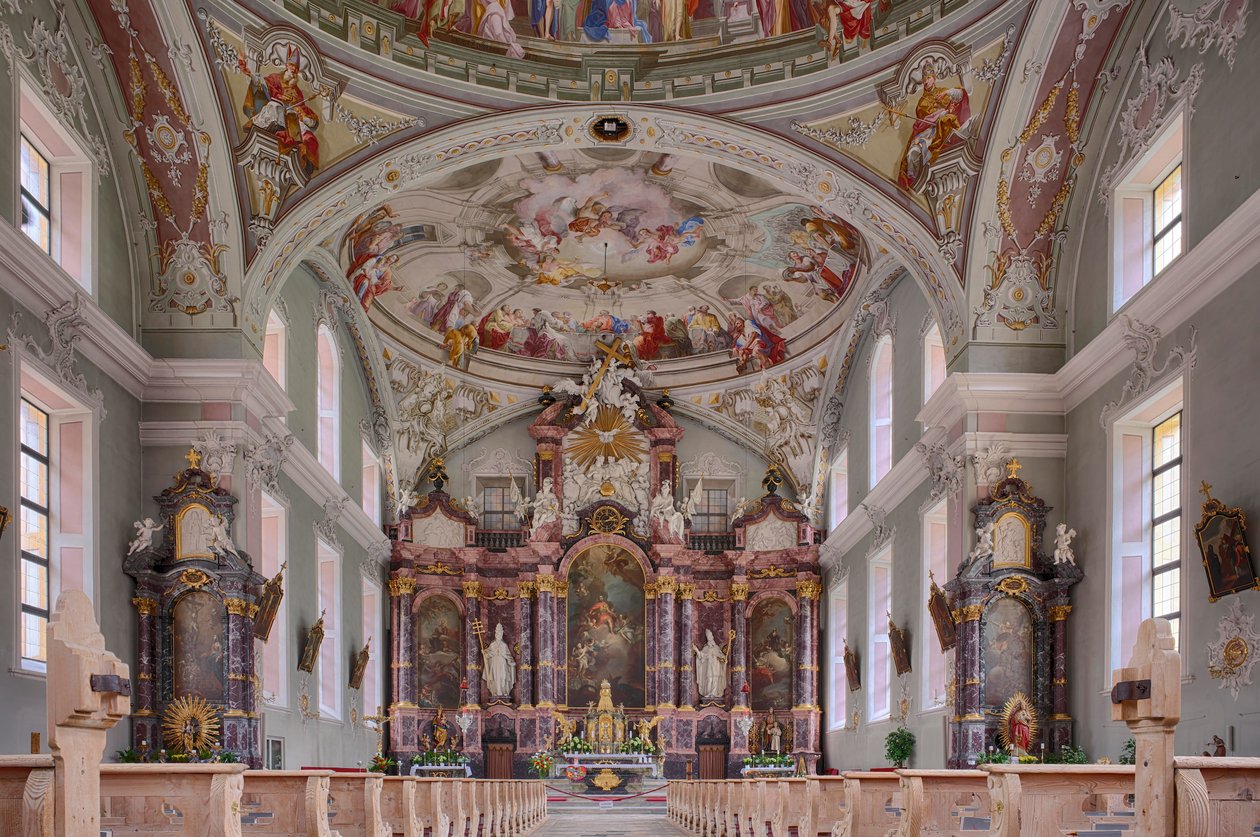 Nawa, ołtarz, malowanie sufitu, fotografia wnętrza, katolicki kościół parafialny św. Jerzego, Neustift, dolina Stubai, Tyrol, Austria, Europa (zdjęcie) autorstwa Unbekannter Künstler