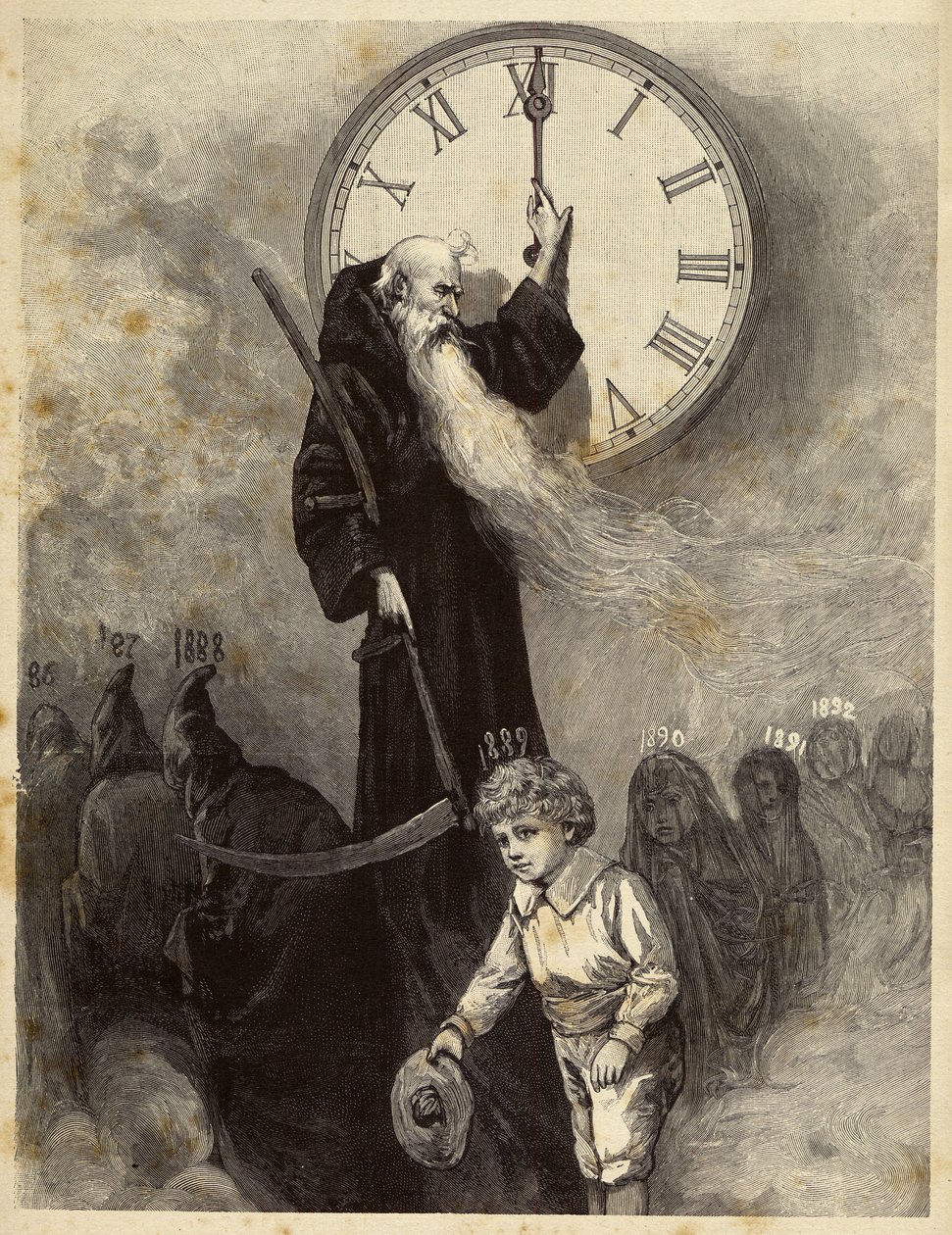 Noworoczna alegoria z 1889 roku przedstawiająca stare sklepienie, symbolizujące stary rok, ustępujące miejsca uśmiechniętemu chłopcu symbolizującemu Nowy Rok. Czas przygląda się scenie, obracając wskazówki zegara. XIX-wieczna rycina autorstwa Unbekannter Künstler