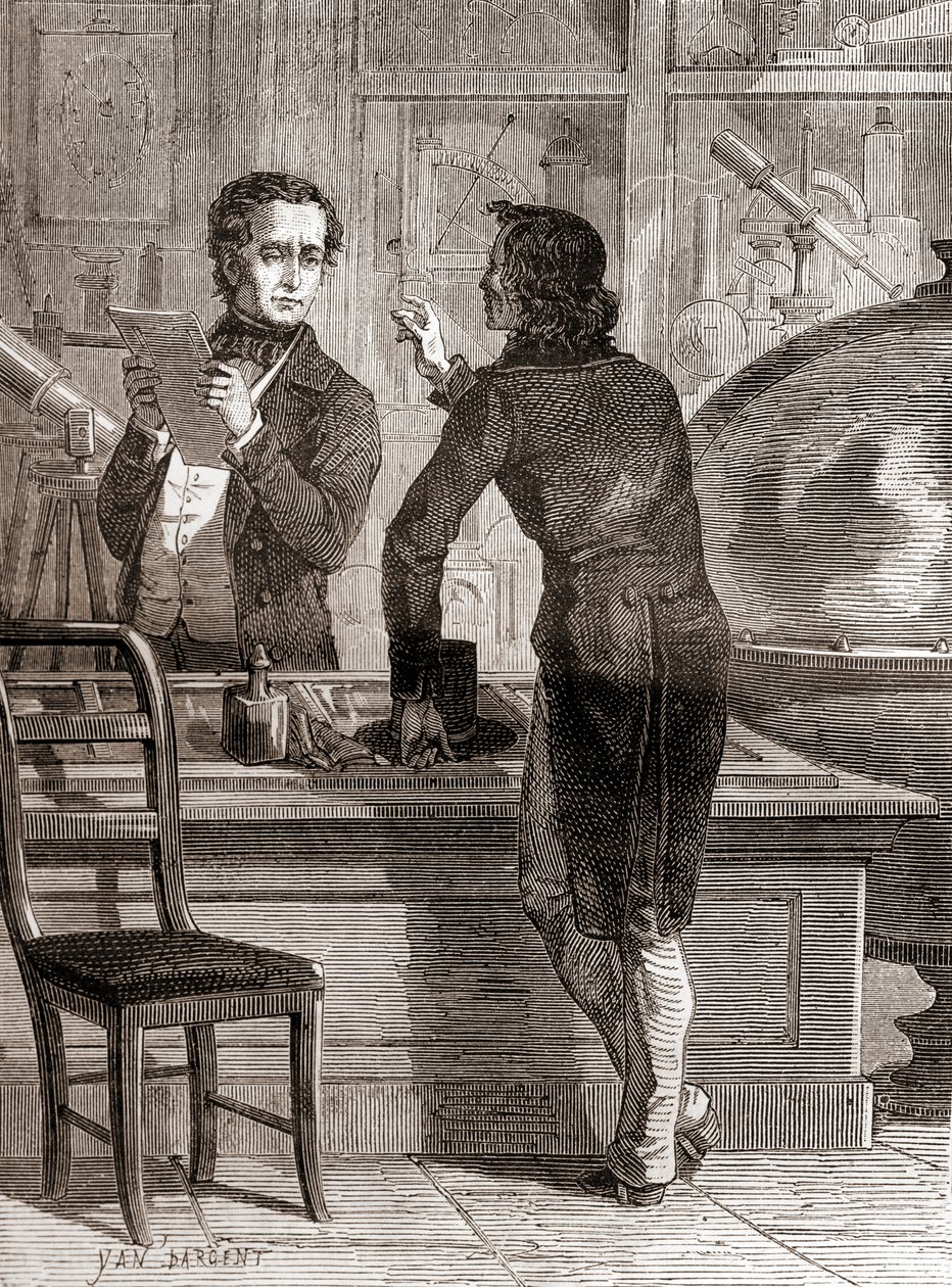 Nicéphore Niépce, choć wciąż nieznany i biedny, w sklepie optycznym i instrumentalnym Charlesa Chevaliera, z Les Merveilles de la Science, opublikowany ok. 1870 (rycina) autorstwa Unbekannt