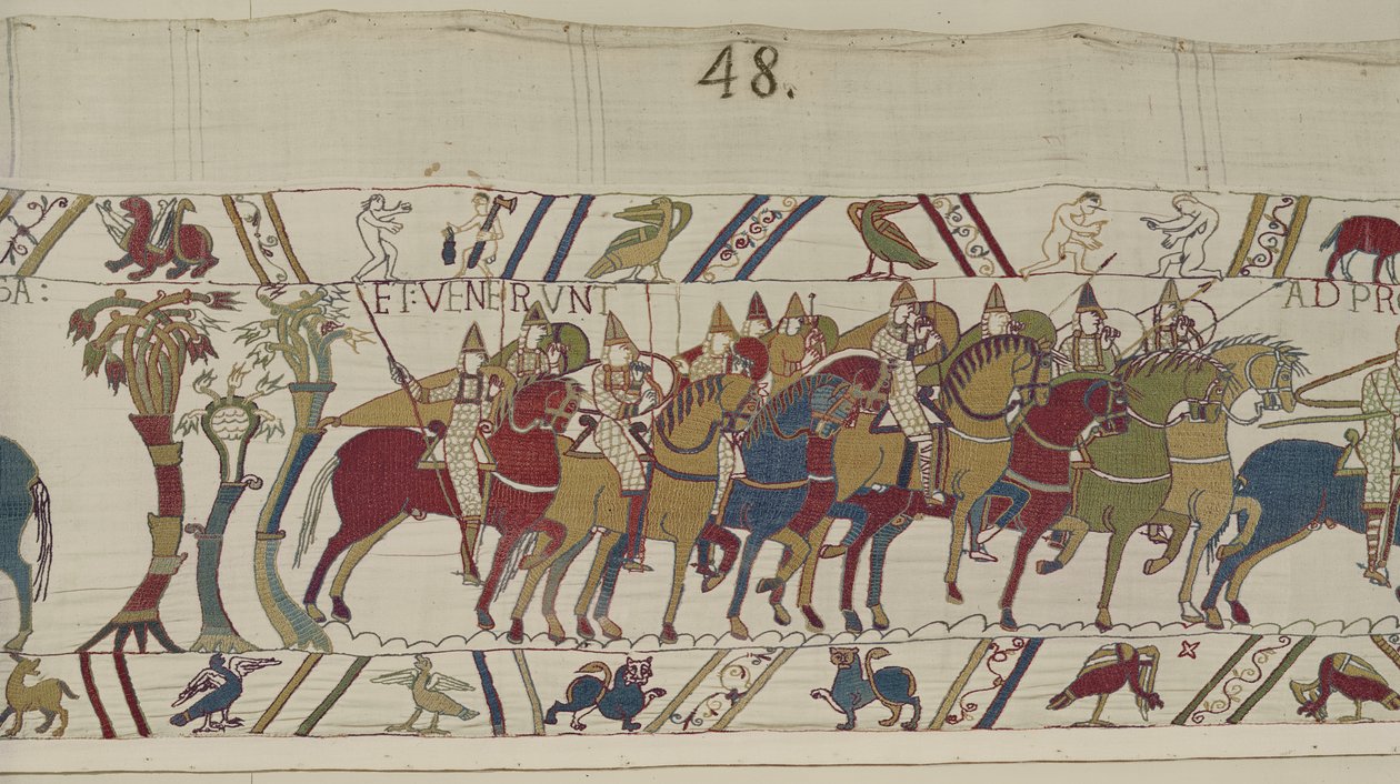 Żołnierze normańscy opuszczający Hastings na bitwę z Haroldem, Gobelin z Bayeux (haft wełniany na płótnie) autorstwa Unbekannt