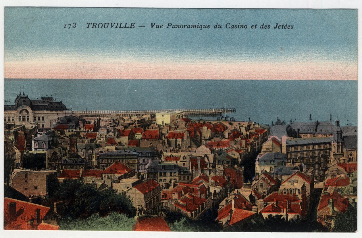 Normandia, Calvados (14), Trouville: panorama kasyna i pomostów - Pocztówka koniec XIX-XX w. autorstwa William M. Timlin