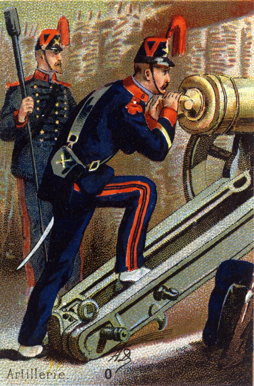 O: Artyleria. Grawerowanie w „Alfabecie wojskowym”. Inicjały ilustratora: A. D. Wydawca nieznany. Chromolitografie z końca XIX wieku. Wymiary: 10,5x7cm . autorstwa Unbekannt