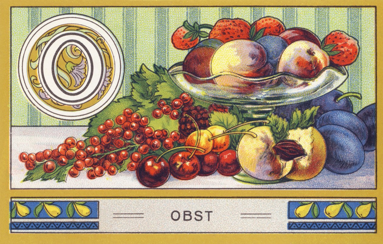 O: Owoc - Alfabet Palmin. Seria chromolitografii pod redakcją H. Schlinck & Cie, Hamburg, s.d. . Publikuj wlać Palmin najdelikatniejszy tłuszcz kokosowy. Wymiary: 7 x 11 cm autorstwa William M. Timlin