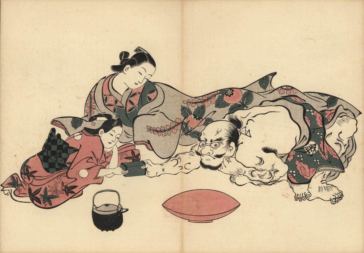 Kurtyzana Oiran obserwująca próbę sił między jej kamuro (służącą) a słynnym siłaczem Kinpirą. Z przodu dzbanek sake i miska do picia. Drzeworyt autorstwa Masanobu Okumury (1686-1764) z Fuzoku Emakimono, Picture Scroll of the Water Trade, To autorstwa Unbekannter Künstler