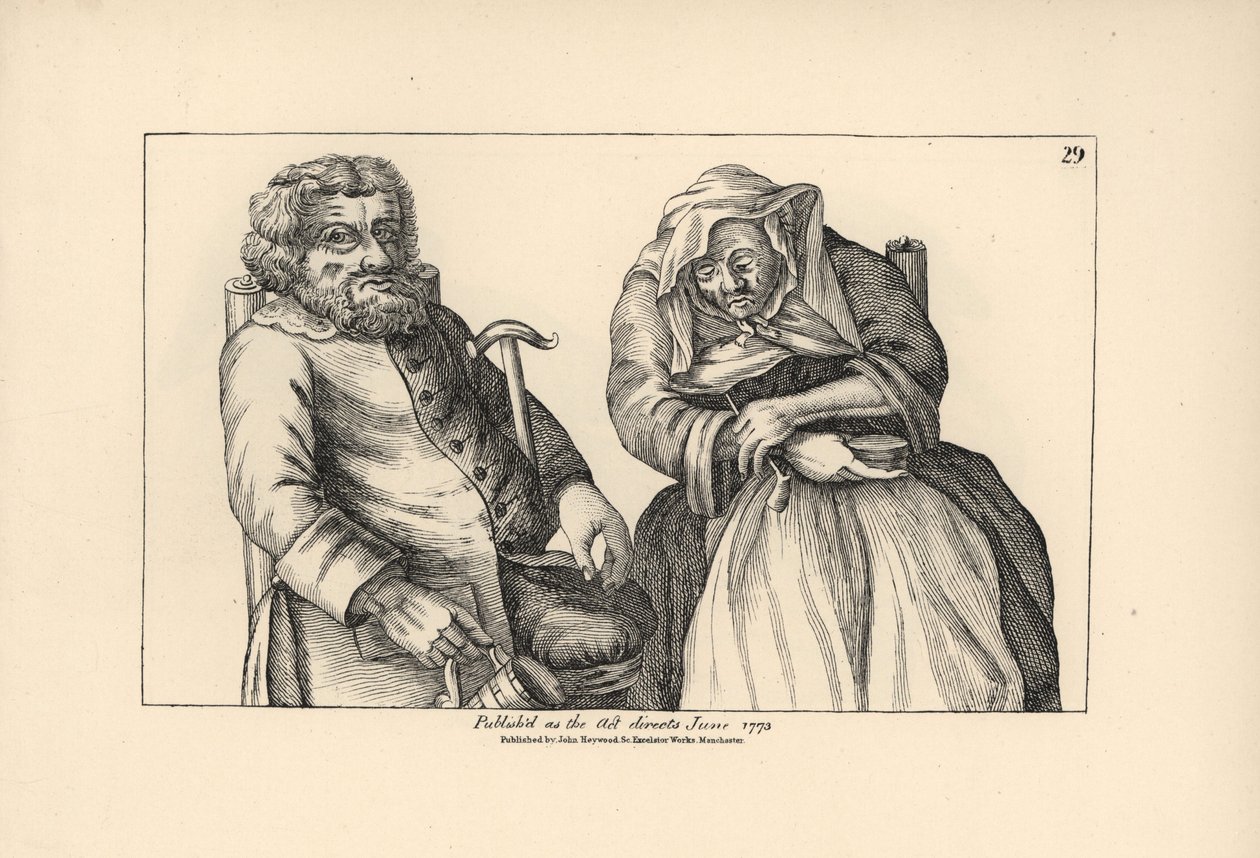 Stary Darby z pustym kuflem i Joan z fajką tytoniową. Miedzioryt według satyrycznej ilustracji Timothy