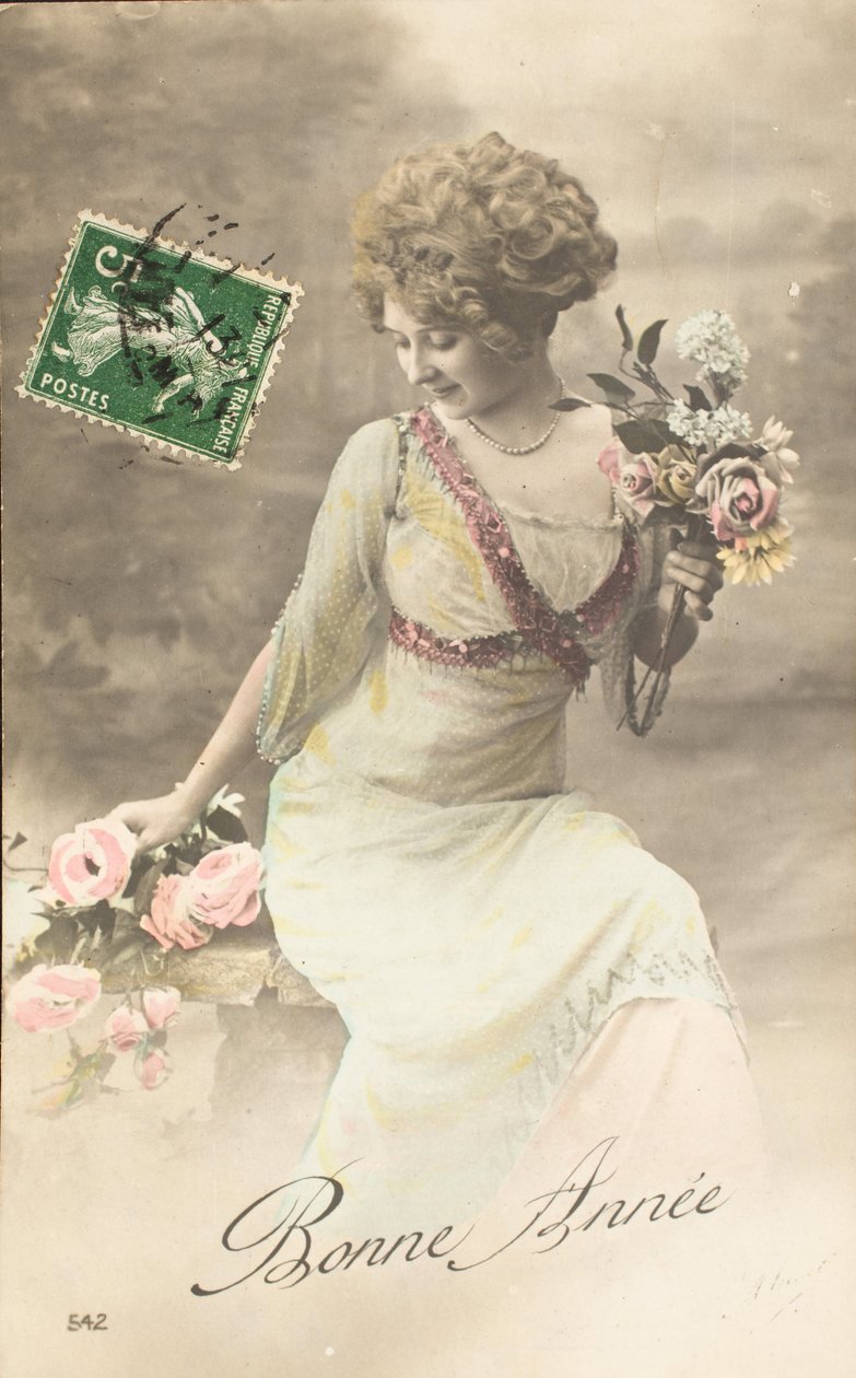 Stara pocztówka/szczęśliwego roku/życzenie/kobieta Belle Epoque autorstwa William M. Timlin