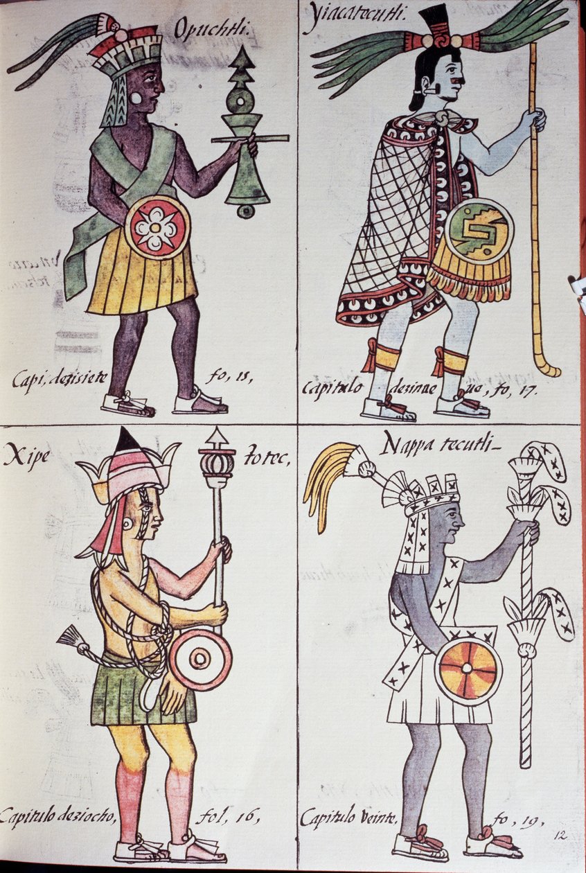 Opochtli, Xipe Totec, Yacatecuhtli i Nappatectli, Strona z kodeksu florenckiego, Ogólna historia rzeczy Nowej Hiszpanii, Aztec autorstwa Benjamin Baud
