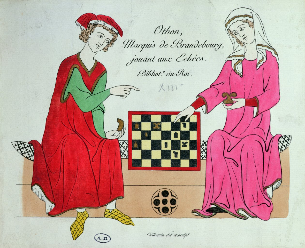 Otto IV, markiz brandenburski, gra w szachy z damą, ilustracja z faksymile Kodeksu Manesse lub Grosse Heidelberger Liederhandschrift, wykonana w Zuerich ok. 1305-40 (kolor lito) autorstwa Unbekannt