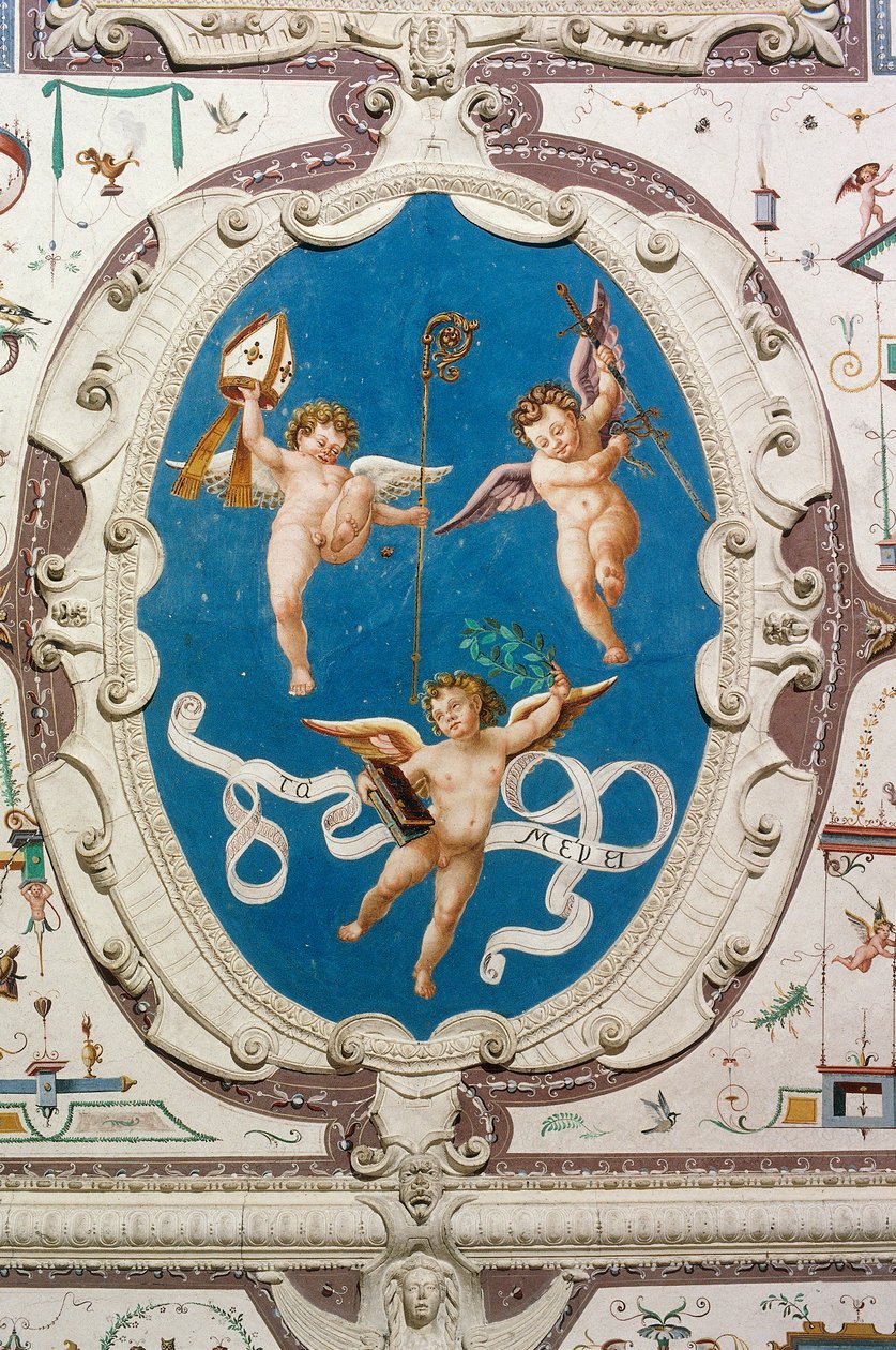 Owal przedstawiający trzy putta (1560), fragment sufitu Sali Grotesek, zamek Della Manta, Manta (Cuneo), Piemont, Włochy autorstwa William M. Timlin