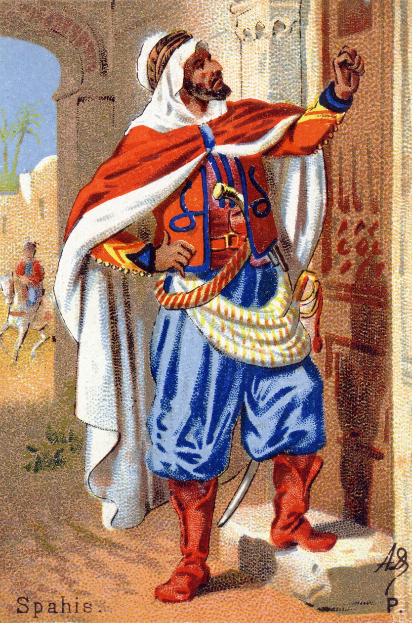 P: Spahis. Grawerowanie w „Alfabecie wojskowym”. Inicjały ilustratora: A. D. Wydawca nieznany. Chromolitografie z końca XIX wieku. Wymiary: 10,5x7cm . autorstwa Unbekannt