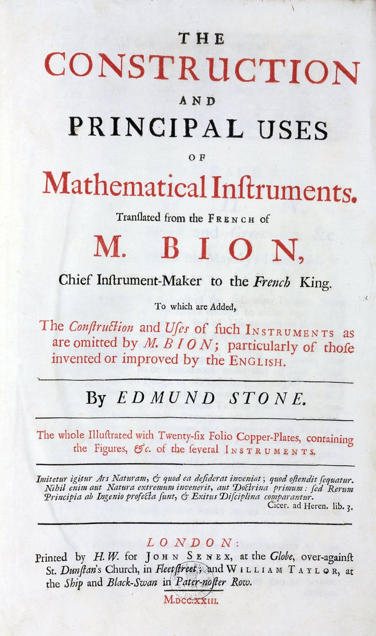 Strona tytułowa książki Nicolasa Biona (1652-1933) o instrumentach matematycznych, tłumaczenie na język angielski, z dodatkiem „Angielskie ulepszenia”, wydanej w Londynie w 1723 r. autorstwa Unbekannt
