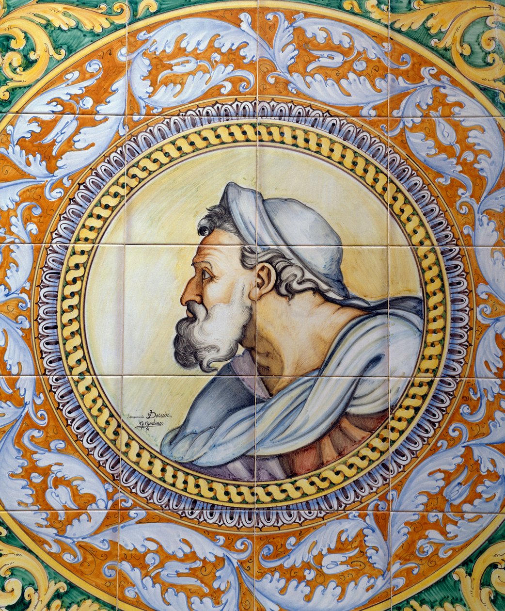 Malowany panel z majoliki przedstawiający głowę starca w stylu Michała Anioła, wykonany przez Ceramiche Desuir, Santo Stefano di Camastra, Sycylia, Włochy, detal autorstwa William M. Timlin