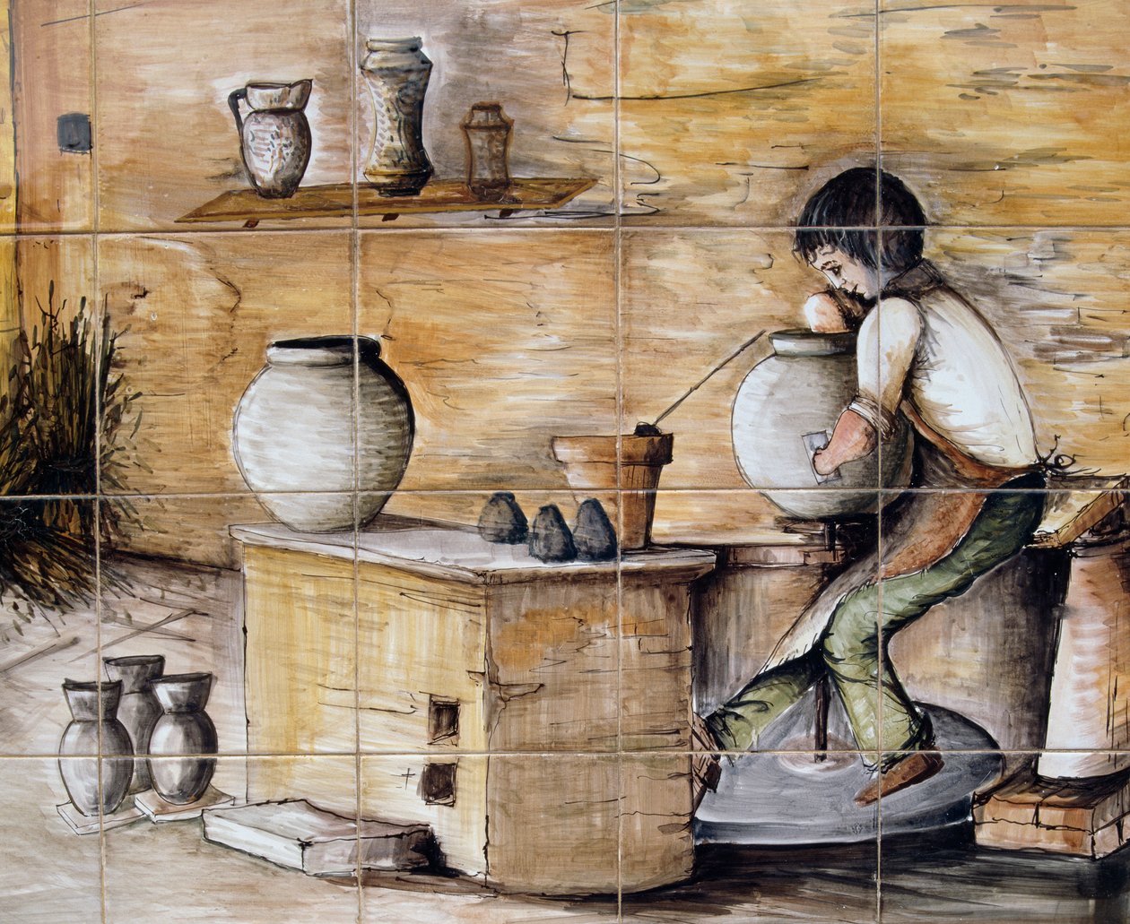 Malowany panel z majoliki przedstawiający scenę wyrobu ceramiki, wykonany ręcznie przez Ceramiche Desuir, Santo Stefano di Camastra, Sycylia, Włochy, detal autorstwa William M. Timlin