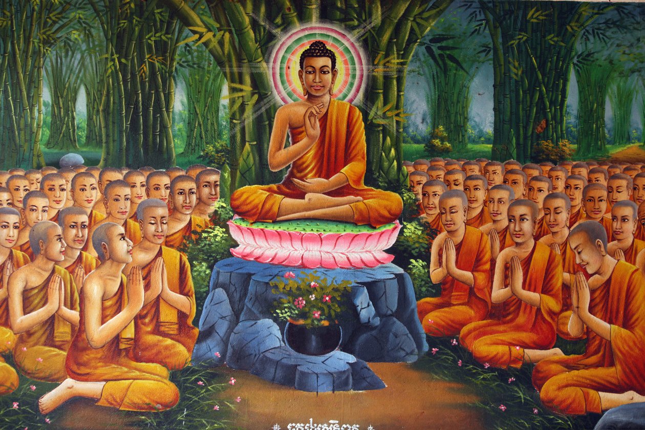 Obraz przedstawiający Buddę nauczającego mnichów Udong Cambodge autorstwa Unbekannt