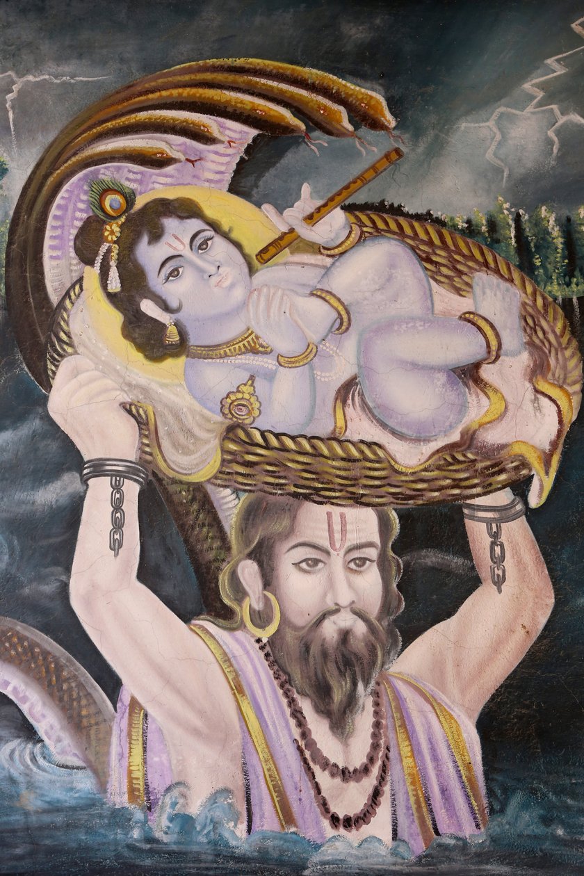 Obraz w Gokul : Krishna jako dziecko niesiony przez Vasudeva nad rzeką Yamuna. Indie autorstwa Unbekannt