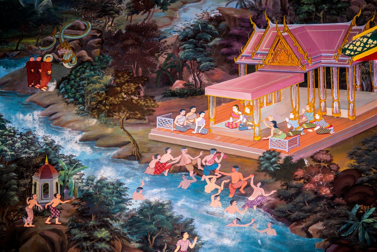 Pinturas de cenas de aldeia com Buda na Tailândia, Wat bang riang, Thub Pat/ Paintings, Wat bang riang, Thub Pat, Phang Nga, Tailândia, Ásia (foto)polonês autorstwa Unbekannter Künstler