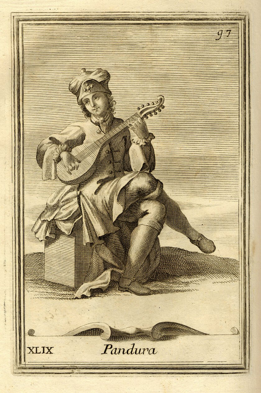 Pandura - instrument strunowy pochodzenia bizantyjskiego, przodek mandoliny. W "Gabinetto Armonico" Filippo Bonanni, Rzym autorstwa Unbekannter Künstler