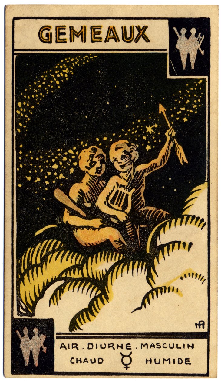 Paranormal. Astrologia. Gêmeos (os gêmeos). Carta astrológica de: Le Tarot Astrologique (tarô astrológico), de Georges Muchery, polonês francês autorstwa Unbekannter Künstler
