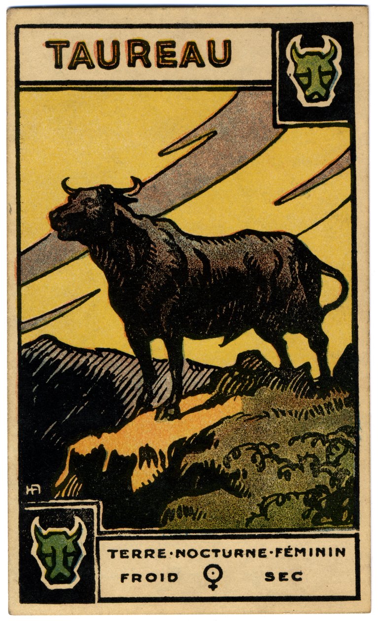 Paranormalne. Astrologia. Byk (byk). Karta astrologiczna z: Le Tarot Astrologique (Astrological Tarot), Georges Muchery, Francja autorstwa Unbekannter Künstler