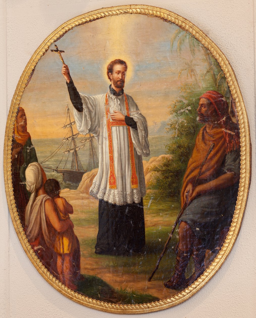 Igreja paroquial (Igreja Paroquial Sint-Dionysius van Lede). Interior. Pintura como um medalhão oval. Um santo como missionário.polonês autorstwa Unbekannter Künstler