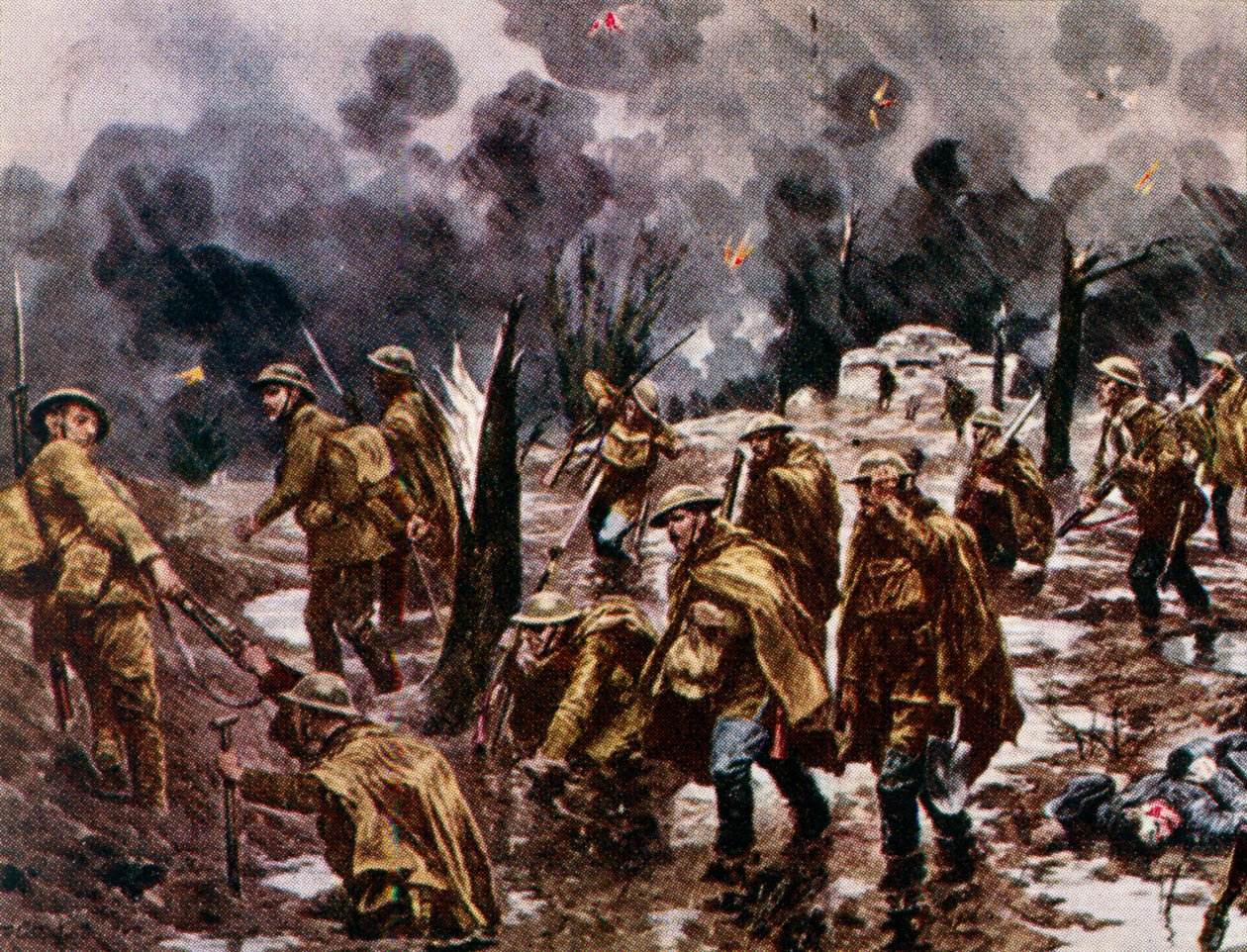 "Passchendaele" - żołnierze w błocie w pobliżu Ypres w Belgii podczas I wojny światowej autorstwa Unbekannter Künstler