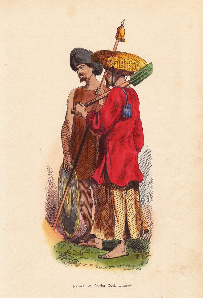 Peasant et soldat Cochinchinois (Vietnam) - Mężczyźni z Wietnamu (Cochinchine): żołnierz z turbanem, tarczą i włócznią oraz rolnik w słomkowym kapeluszu, tunice i łopacie - Ręcznie kolorowany drzeworyt Merciera z "Moeurs, Uses et Costumes de tous les Peupl autorstwa Unbekannter Künstler