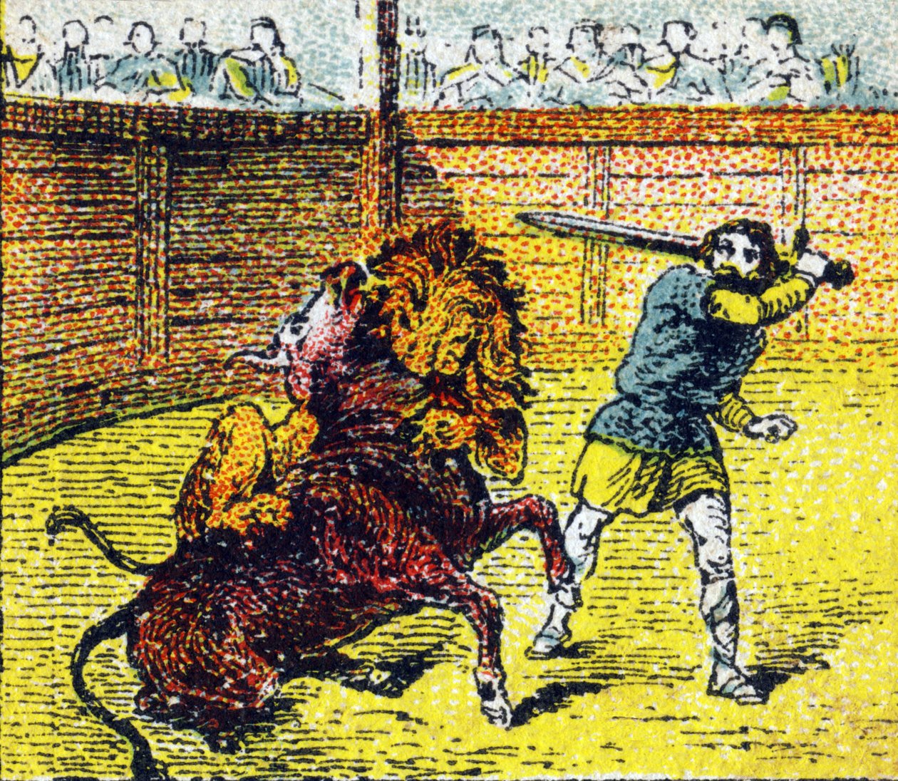 Pepin Le Brief schodzi na arenę, aby zestrzelić lwa, który właśnie wskoczył na szyję byka. Grawer w „Histoire de France”. Seria obrazów reklamowych opublikowana na zlecenie Louit, 24 rue d