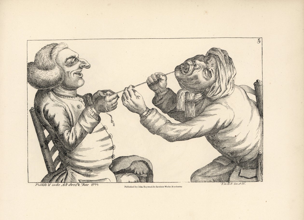 Lekarz śmieje się, wyrywając pacjentowi ząb za pomocą sznurka. Miedzioryt według satyrycznej ilustracji Timothy