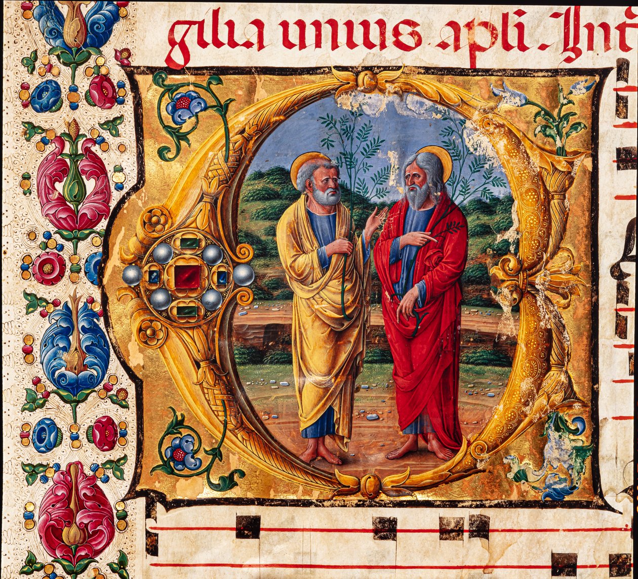 Biblioteka Piccolomini: księga chóralna, dorsz. 16.1, n. 2r z „Dwoma apostołami” Girolamo da Cremona. Szczegół. autorstwa Unbekannter Künstler