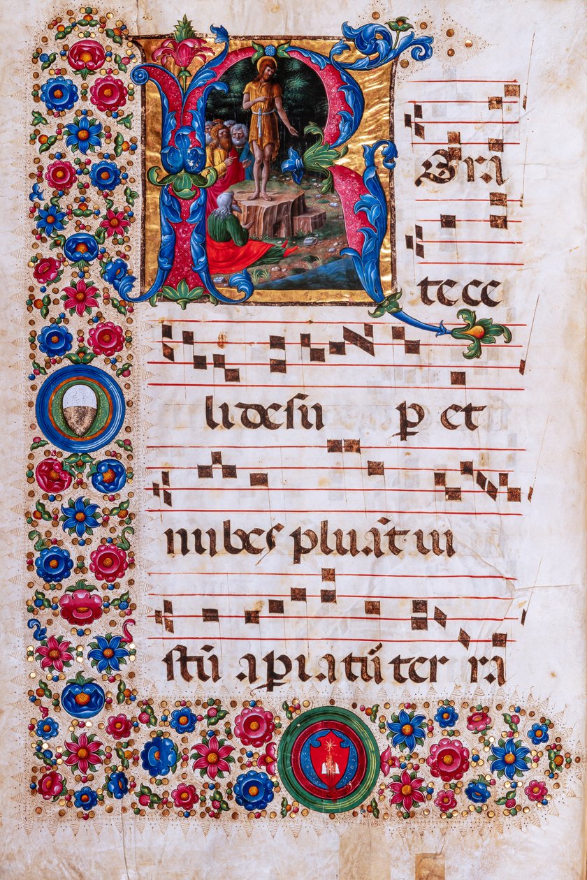 Biblioteka Piccolomini: księga chóralna, dorsz. 18.3, n. 45v z „Głoszeniem św. Jana Chrzciciela” Girolamo da Cremona. autorstwa Unbekannter Künstler