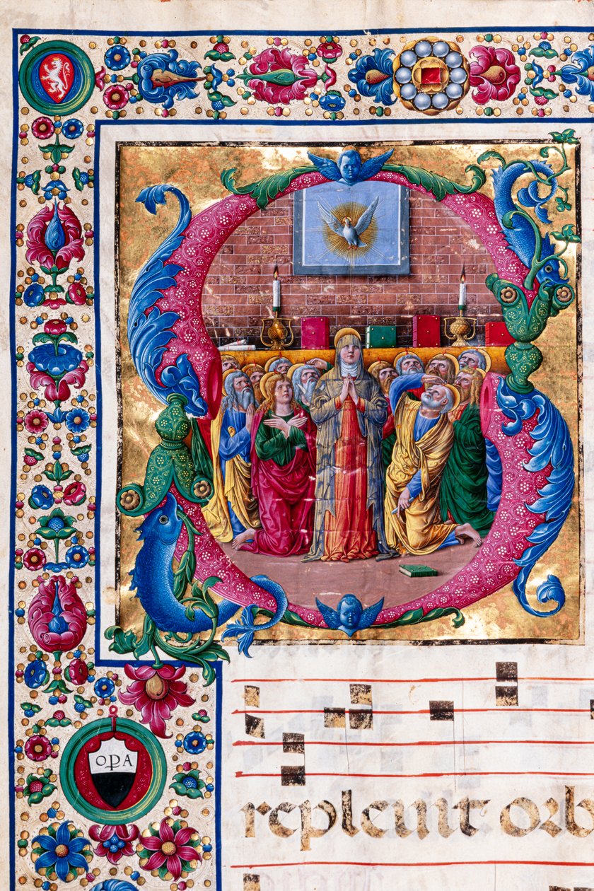 Biblioteka Piccolomini: księga chóralna, dorsz. 23,8, nn. 100v z „Zieloną Świątką” Girolamo da Cremona. Szczegół. autorstwa Unbekannter Künstler
