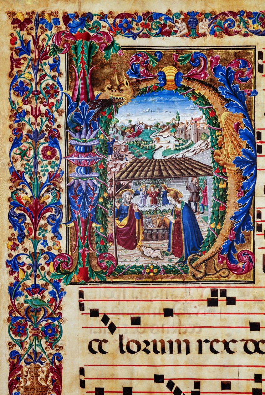 Biblioteka Piccolomini: księga chóralna, dorsz. 2.B, nn. 5v z „Narodzeniem” autorstwa florenckiego iluminatora. Szczegół. autorstwa Unbekannter Künstler