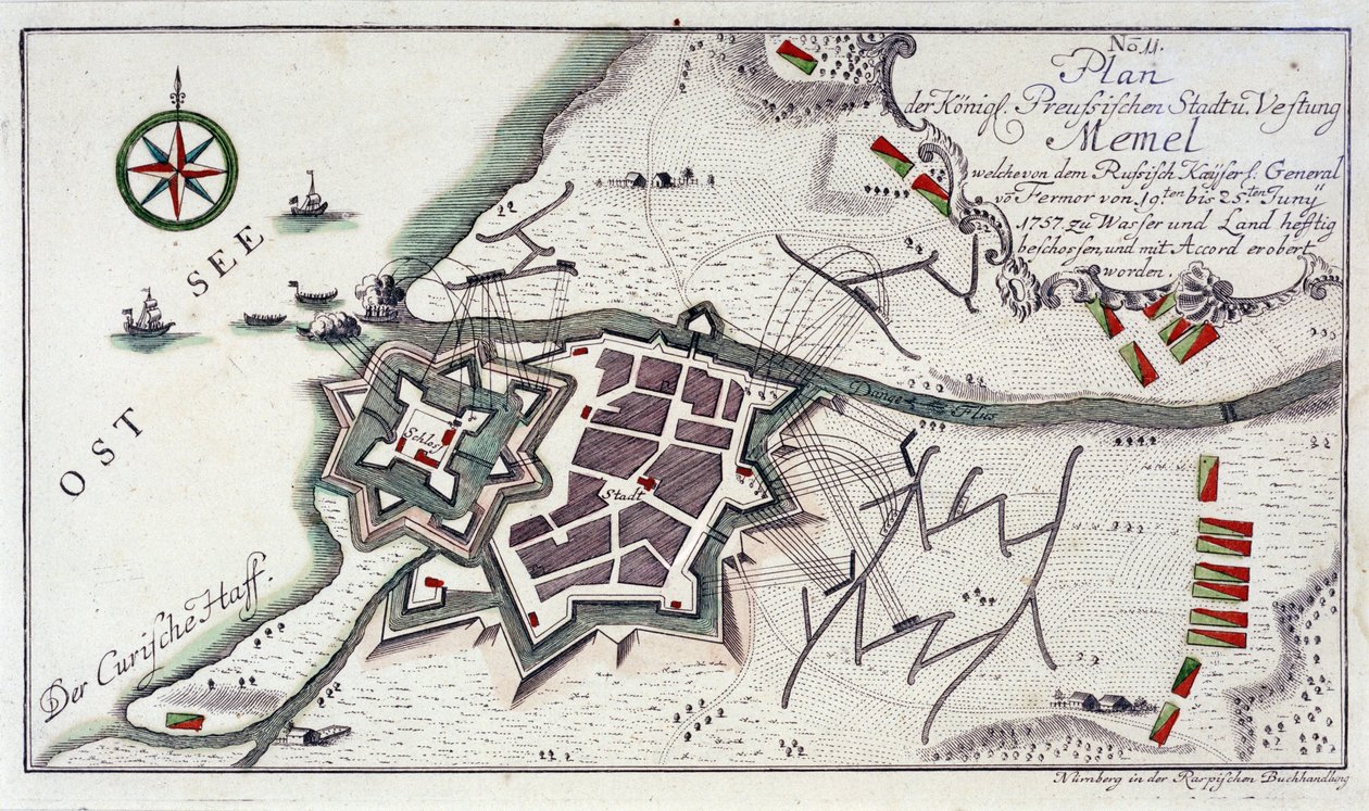 Plan Memel (dzisiejsza Kłajpeda, Litwa), podczas kapitulacji miasta, 27 czerwca - 5 lipca 1757. Akwaforta wodna w kolorach z 1764 roku. autorstwa Unbekannter Künstler