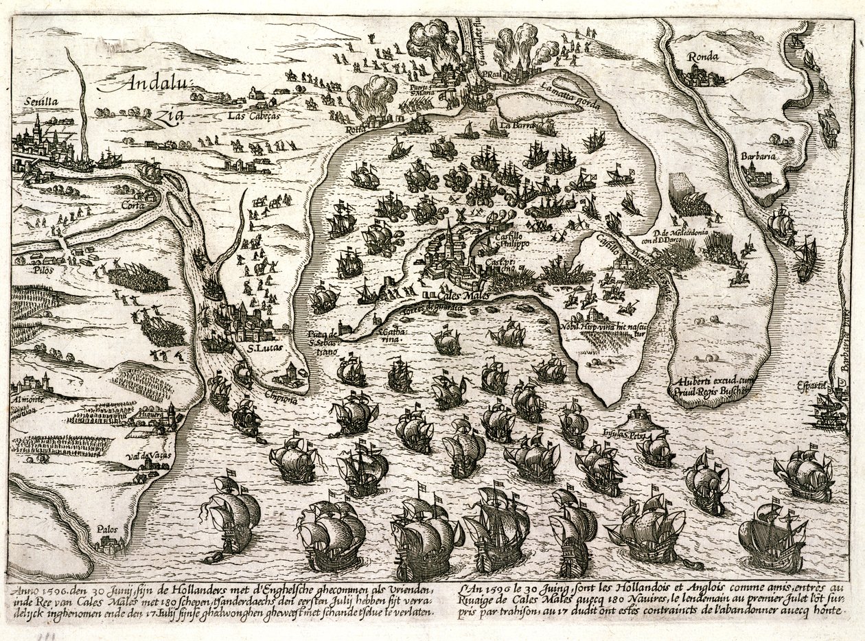 Plan portu Kadyks w 1596 roku w momencie ataku Sir Waltera Raleigha (rycina) autorstwa Unbekannter Künstler