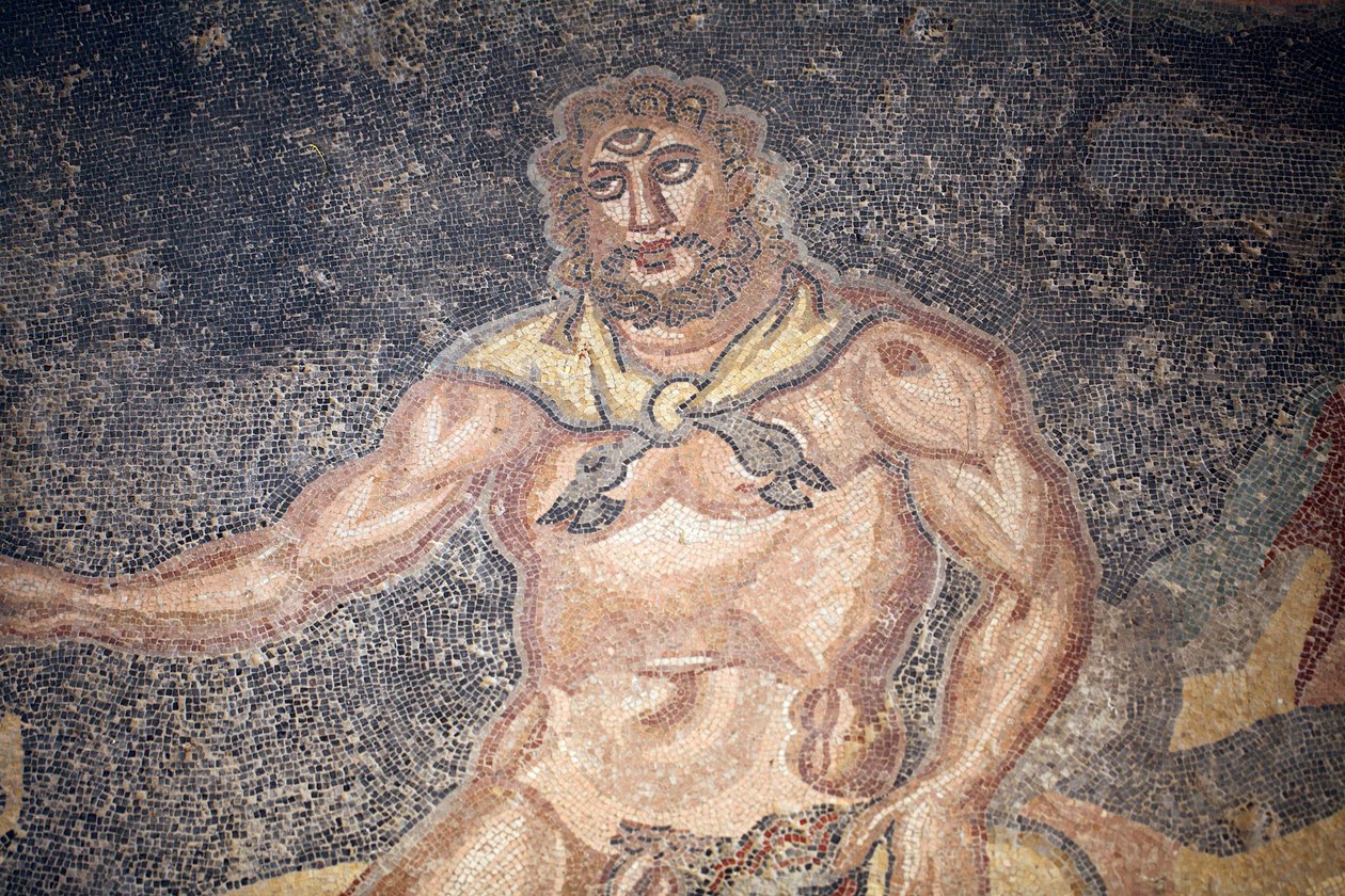 Sala Polifemów. Szczegół cyklopa pożerającego wnętrzności kozy. III - IV wiek. Rzymska willa Casale, Sycylia. UNESCO. autorstwa Unbekannt
