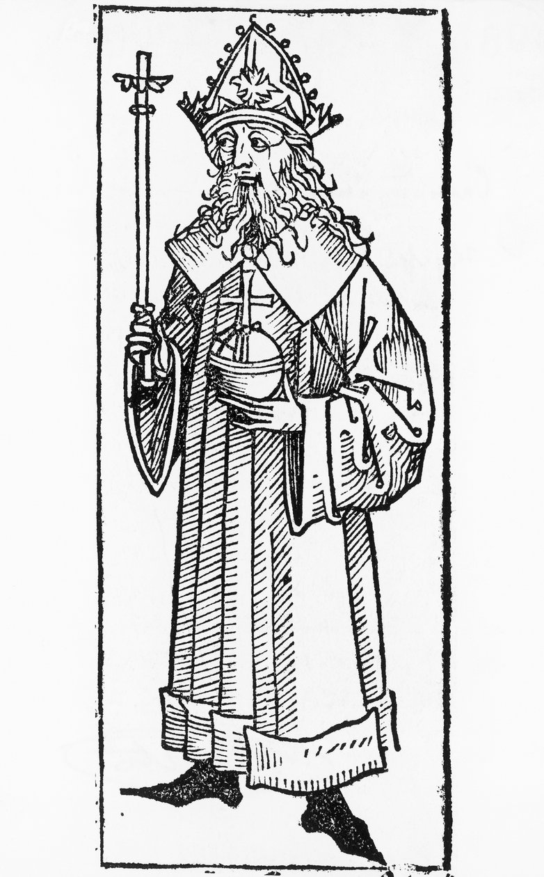 Portret Karola IV Luksemburskiego (1316-1378), króla niemieckiego i króla Czech (jako Karol) w latach 1346-1378 oraz cesarza rzymskiego w latach 1355-1378, drzeworyt autorstwa William M. Timlin