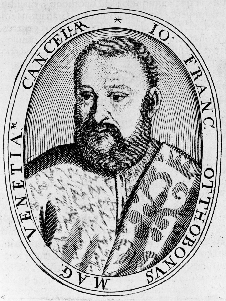 Portret Francesco Ottoboni (XVI w.), Wielki Kanclerz Wenecji, grawerowanie autorstwa William M. Timlin