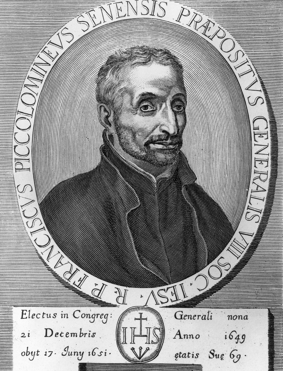 Portret Francesco Piccolomini (1582-1651), włoskiego jezuity, był przełożonym generalnym Towarzystwa Jezusowego od 1649 do 1651, grawerowanie autorstwa William M. Timlin