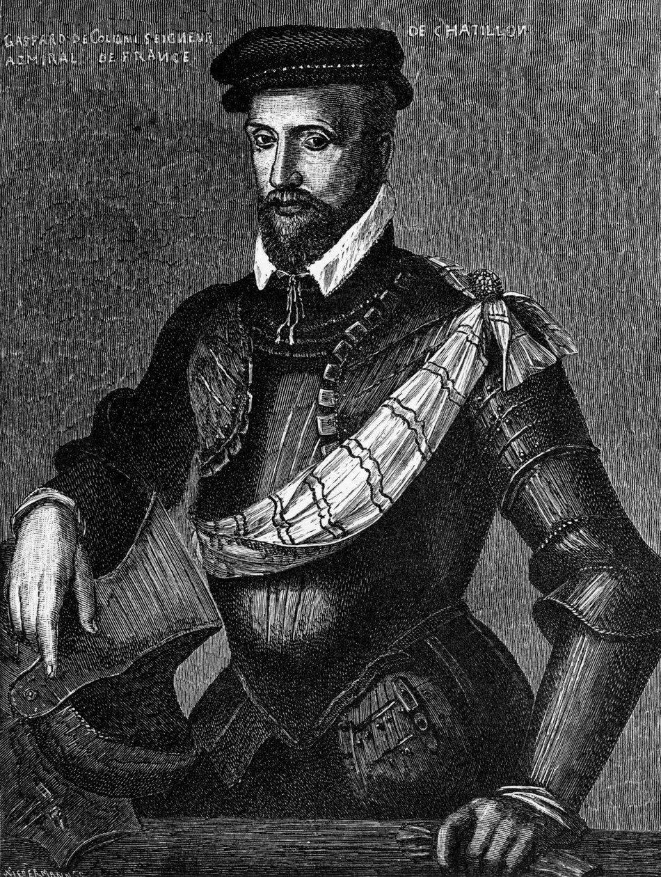 Portret Gasparda de Coligny, Seigneur de Chatillon (1519-1572), francuskiego szlachcica, admirała i przywódcy hugenotów we francuskich wojnach religijnych, grawerowanie autorstwa William M. Timlin