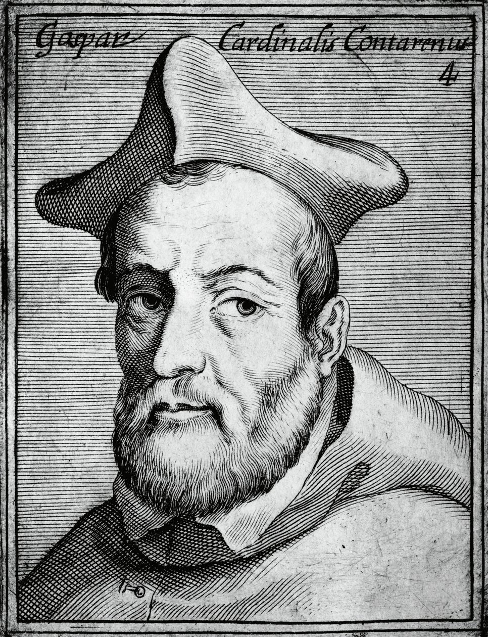 Portret Gasparo Contariniego (1483-1542), włoskiego kardynała i biskupa, rycina z Illustrissimorum, omnique virtutis, et scientiarum laude praestantissimoru virorum icones, autorstwa Claudiusa Pernetusa. autorstwa William M. Timlin