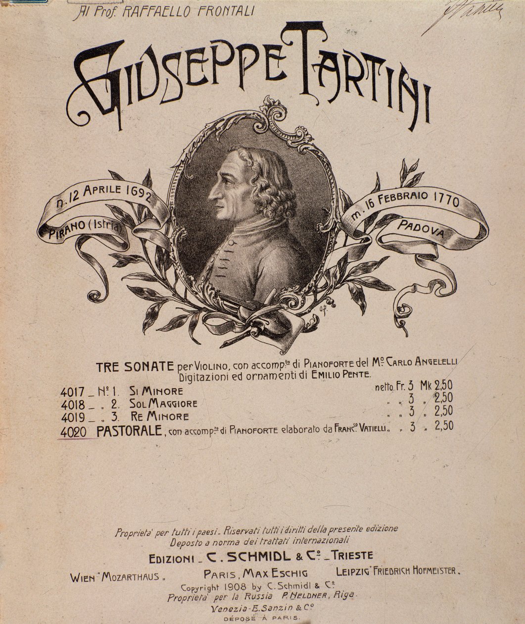 Portret Giuseppe Tartiniego. Frontyspis partytury Sonat autorstwa Unbekannter Künstler
